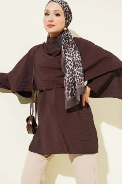 Shoulder Cape Tunic with Tie Belt Brown