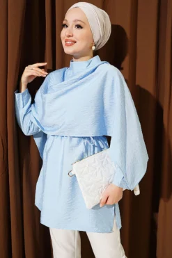 Shoulder Cape Tunic with Tie Belt Blue
