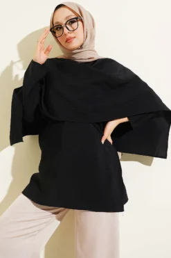 Shoulder Cape Tunic with Tie Belt Black