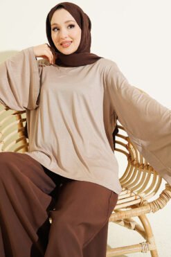 Shoulder Padded Wide Sleeve Tunic Beige