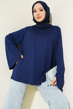 Shoulder Padded Wide Sleeve Tunic Navy Blue