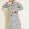 Front Button Striped Pleated Tunic Black