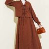 Laced Front Tree Bark Skirt Set Brown