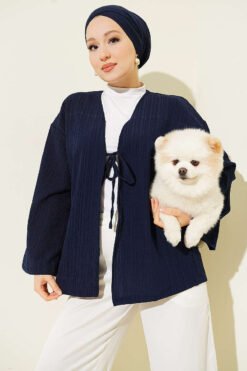 Laced Front Tree Bark Kimono Navy Blue