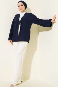 Vista alternativa di Laced Front Tree Bark Kimono Navy Blue