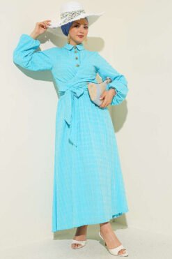 Laced Front Gold Buttoned Skirt Set Baby Blue Großhandel clothing set - Hicabistan Türkei Fabrik