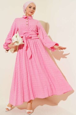 Laced Front Gold Buttoned Skirt Set Pink Großhandel clothing set - Hicabistan Türkei Fabrik