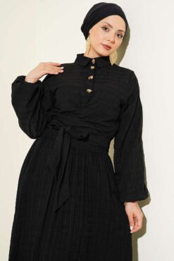 Laced Front Gold Buttoned Skirt Set Black Großhandel clothing set view 2 - Hicabistan Türkei Fabrik