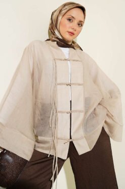 Laced Front Oversize Tulle Kimono Beige