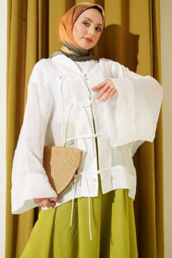 Laced Front Oversize Tulle Kimono White