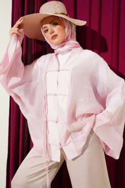 Laced Front Oversize Tulle Kimono Pink