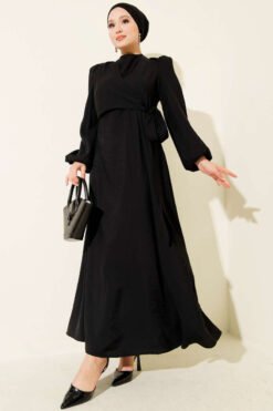 Satin Dress with Front Tie Detail Black