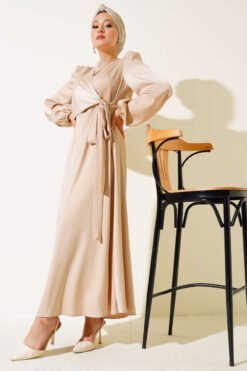 Satin Dress with Front Tie Detail Beige