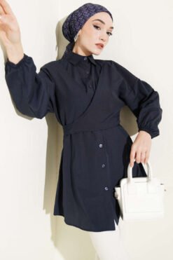 Cross-Front Tied Shirt Navy Blue