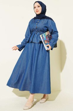 Two-Piece Set with Ruffled Front Denim Skirt Blue