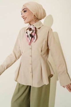 Short Shirt with Front Pleat Detail Beige