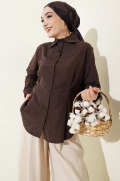 Short Shirt with Front Pleat Detail Brown