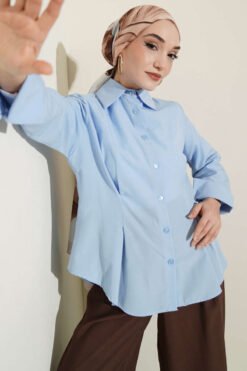 Short Shirt with Front Pleat Detail Blue