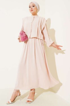 Dress with Bolero and Pleated Details Beige