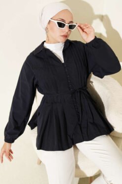 Pleated Front Buttoned Shirt Navy Blue
