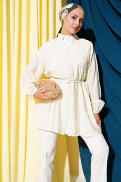 Pleated Button-Up Shirt Yellow
