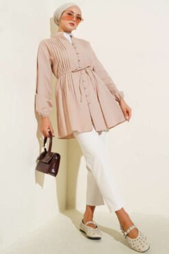 Vista alternativa de Pleated Front Terikoton Shirt Beige
