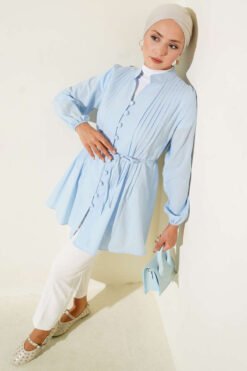 Pleated Front Terikoton Shirt Blue