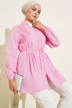 Pleated Front Terikoton Shirt Pink