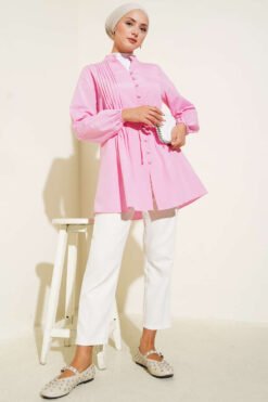 Vista alternativa de Pleated Front Terikoton Shirt Pink