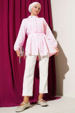 Vista alternativa di Pleated Front Terikoton Shirt Pink
