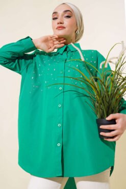 Long Shirt with Stone Details Green
