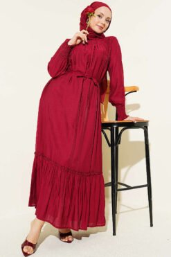 Vue alternative de Dress with Ruffled Sleeves and Waist Detail Burgundy