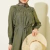 Dress with Ruffled Sleeves and Waist Detail Khaki wholesale dress view 2 - Hicabistan Turkey factory