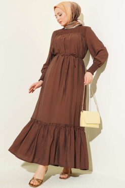 Dress with Ruffled Sleeves and Waist Detail Brown