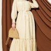 Dress with Ruffled Sleeves and Waist Detail Beige