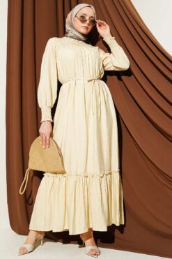 Dress with Ruffled Sleeves and Waist Detail Beige