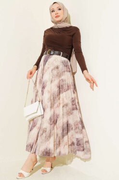 منظر بديل لـ Authentic Patterned Pleated Belted Skirt Plum