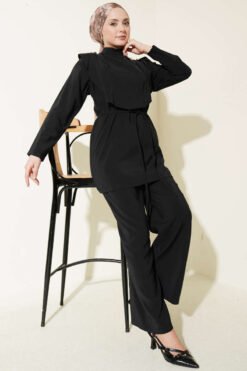 Oval Panel Tie Waist Modal Two-Piece Set Black