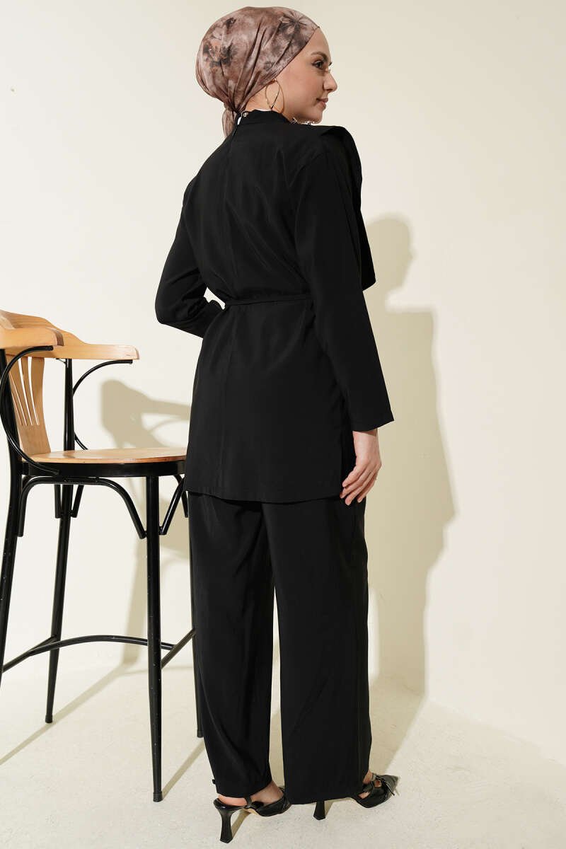 Oval Panel Tie Waist Modal Two-Piece Set Black – Bild 3