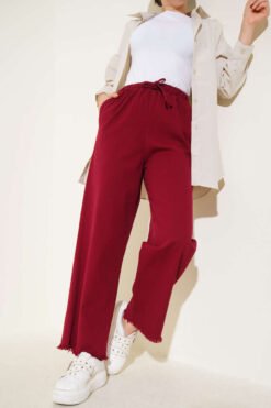 Fringed Hem String Tie Detail Pants Burgundy