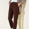 Fringe Hem Elastic Gabardine Pants Brown