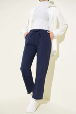 Fringe Hem Elastic Gabardine Pants Navy Blue