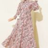 Paisley Print Ankle Smocked Dress Beige