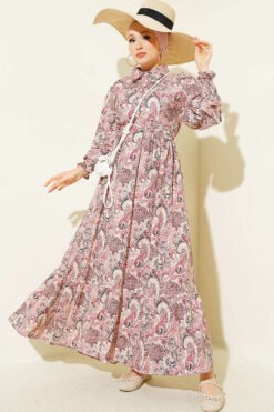 Paisley Print Ankle Smocked Dress Beige