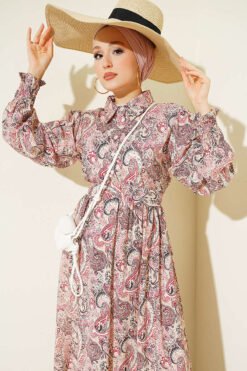 Vista alternativa di Paisley Print Ankle Smocked Dress Beige