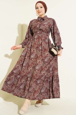 Paisley Print Ankle Smocked Dress Brown