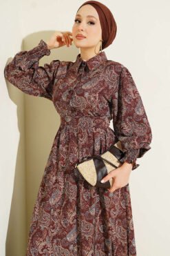 Vista alternativa di Paisley Print Ankle Smocked Dress Brown