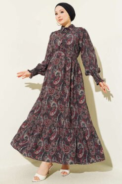 Paisley Print Ankle Smocked Dress Black