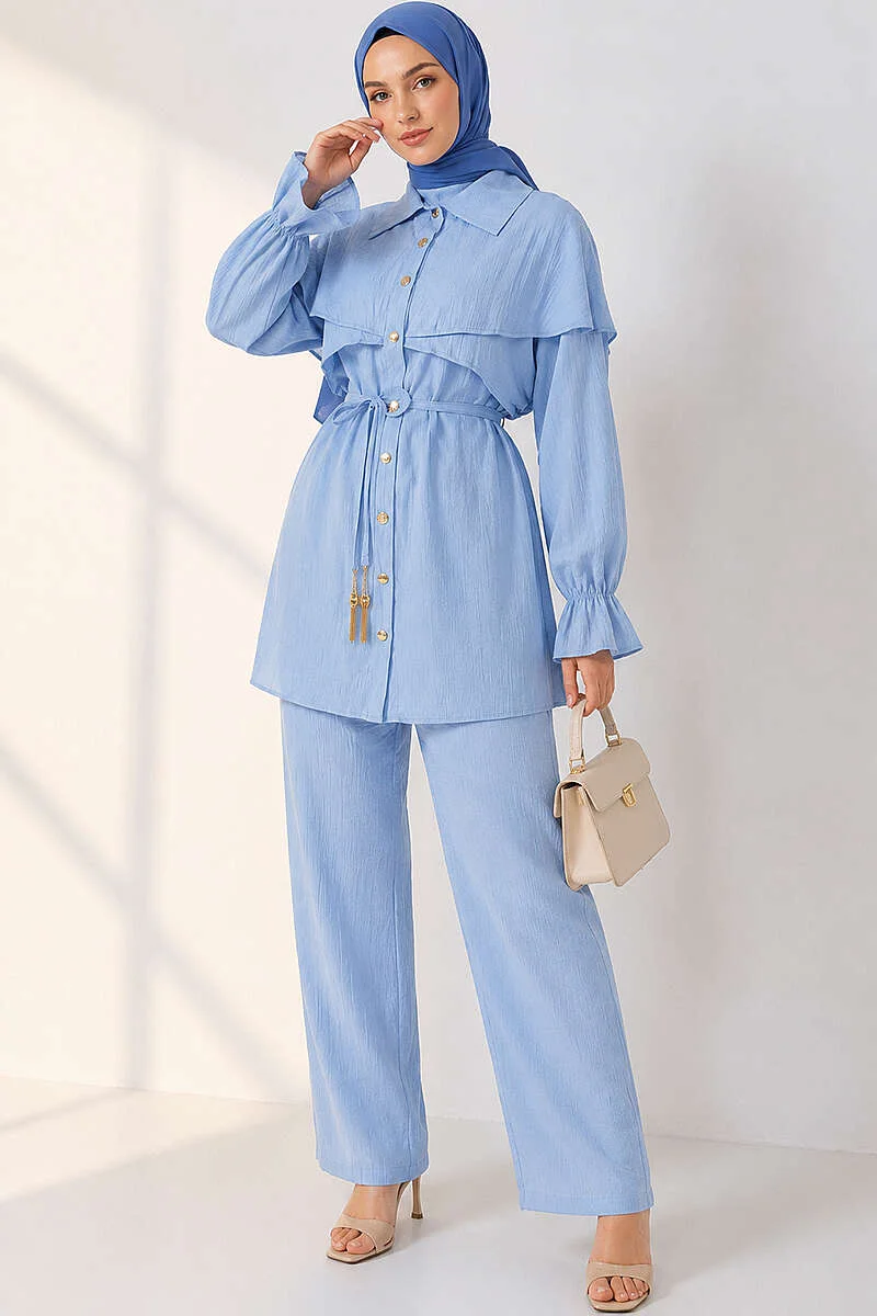 Buttoned Two-Piece Set with Cape Detail Baby Blue