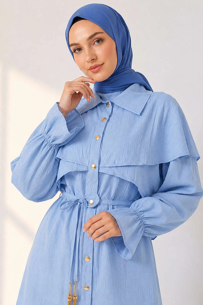 Buttoned Two-Piece Set with Cape Detail Baby Blue - الصورة 2